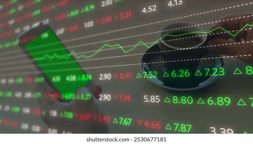 Image of financial data processing over man using smartphone with green screen. Global computing, business, finance and data processing concept digitally generated image.