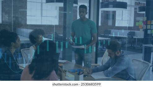 Image of financial data processing over diverse business people in office. Global finance, business, connections, computing and data processing concept digitally generated image.