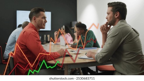 Image of financial data processing over diverse business people in office. Global finance, business, connections, computing and data processing concept digitally generated image
