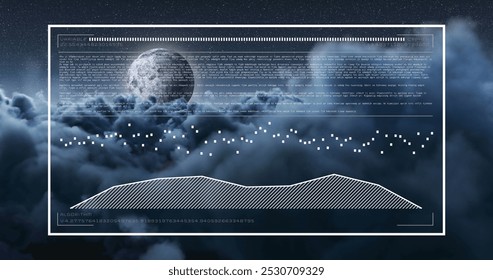 Image of financial data processing over sky with clouds. Global finances, computing and digital interface concept digitally generated image.