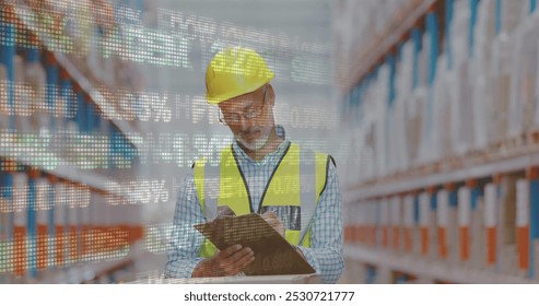 Image of financial data processing over biracial warehouse worker. global shipping, delivery, business, data processing and technology concept digitally generated image. - Powered by Shutterstock