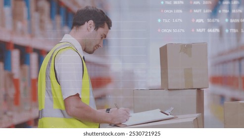 Image of financial data processing over caucasian warehouse worker. global shipping, delivery, business, data processing and technology concept digitally generated image. - Powered by Shutterstock