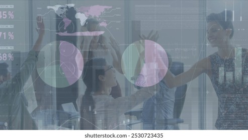 Image of financial data processing over business people in office. Global business connections digital interface and technology concept digitally generated image.