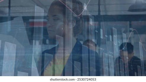 Image of financial data processing over business people. Global economy and business technology concept.