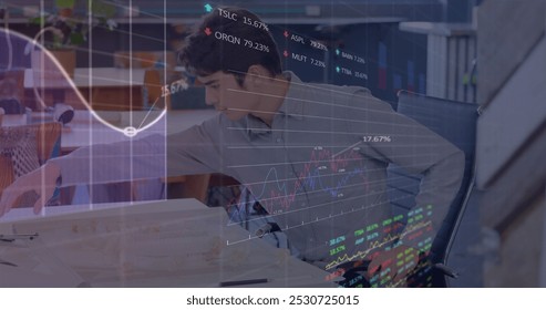 Image of financial data processing over caucasian businessman in office. Business, finance, data processing and networking concept digitally generated image.