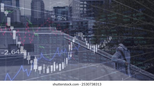 Image of financial data processing over biracial woman walking on stairs. Global finances, computing and digital interface concept digitally generated image. - Powered by Shutterstock