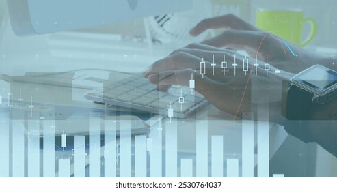 Image of financial data processing over man typing on computer keyboard and cardboard boxes. Global shipping and delivery concept digitally generated image. - Powered by Shutterstock