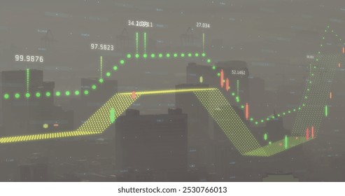 Image of financial data processing over cityscape. Global business, finances and digital interface concept digitally generated image.