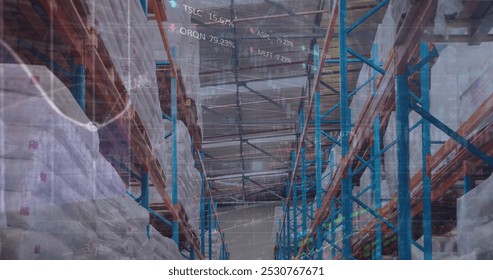 Image of financial data processing over empty warehouse. global shipping, delivery and connections concept digitally generated image.