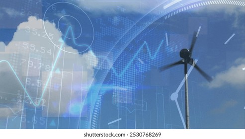 Image of financial data processing over electric windmill. Electricity, energy and power distribution digitally generated image.