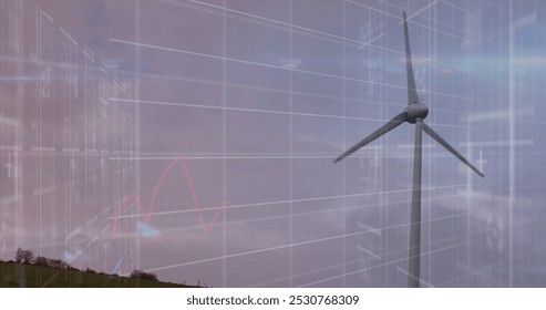 Image of financial data processing over electric windmill. Electricity, energy and power distribution digitally generated image. - Powered by Shutterstock - Get 15% off with code: PIKWIZARD15