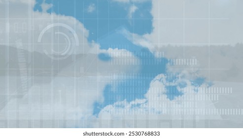 Image of financial data processing over electric cloudy sky. Electricity, energy and power distribution digitally generated image.