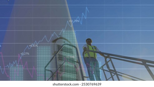 Image of financial data processing over electric windmill. Electricity, energy and power distribution digitally generated image.