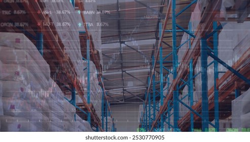 Image of financial data processing over empty warehouse. global shipping, delivery and connections concept digitally generated image.