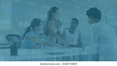 Image of financial data processing over business people in office. Global business connections and data processing concept digitally generated image.