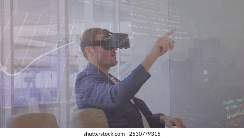 Image of financial data processing over man wearing vr headset. Global connections, business, finance, computing and data processing concept digitally generated image.
