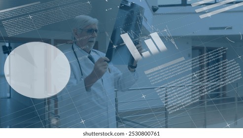 Image of financial data processing over caucasian male doctor at hospital. Global medicine, healthcare and digital interface concept digitally generated image. - Powered by Shutterstock