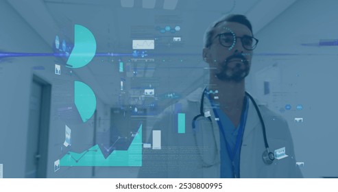 Image of financial data processing over caucasian male doctor at hospital. Global medicine, healthcare and digital interface concept digitally generated image. - Powered by Shutterstock