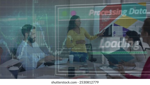 Image of financial data processing over diverse business people having meeting at office. Global business, finances and digital interface concept digitally generated image.