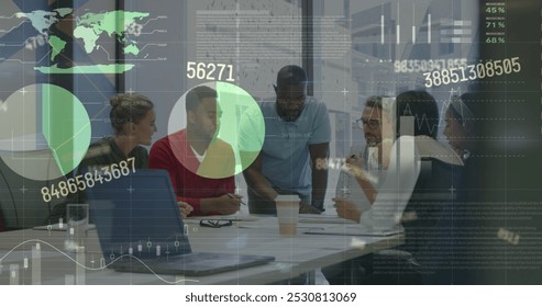 Image of financial data processing over diverse business people having meeting at office. Global business, finances and digital interface concept digitally generated image.