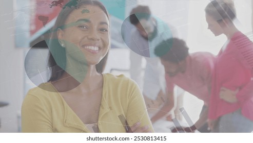 Image of financial data processing over diverse business people working at office. Global business, finances and digital interface concept digitally generated image.