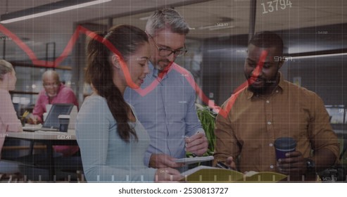 Image of financial data processing over diverse business people working at office. Global business, finances and digital interface concept digitally generated image.