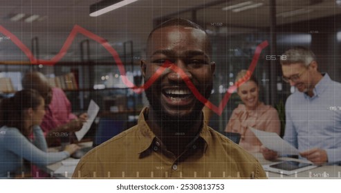 Image of financial data processing over diverse business people working at office. Global business, finances and digital interface concept digitally generated image.
