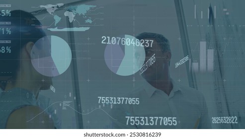 Image of financial data processing over office colleagues brainstorming. global finance and business, connection concept digitally generated image.