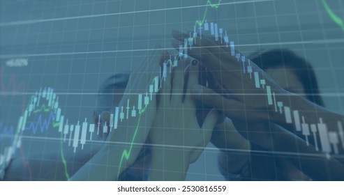 Image of financial data processing over office colleagues stacking hands. global finance and business, connection concept digitally generated image.