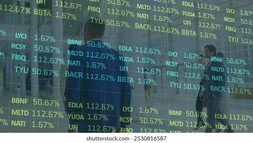 Image of financial data processing over business people. global business, finances and data processing concept digitally generated image.