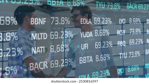 Image of financial data processing over businessman handshake. global business, finances and data processing concept digitally generated image. - Powered by Shutterstock