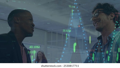 Image of financial data processing over businessman handshake. global business, finances and data processing concept digitally generated image.