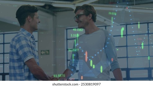Image of financial data processing over businessman handshake. global business, finances and data processing concept digitally generated image. - Powered by Shutterstock - Get 15% off with code: PIKWIZARD15