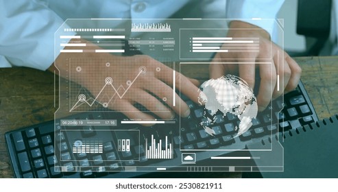 Image of financial data processing over businessmen using computer. global business, finances, data processing and digital interface concept digitally generated image.