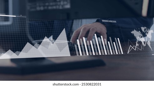 Image of financial data processing over businessmen using computer. global business, finances, data processing and digital interface concept digitally generated image.