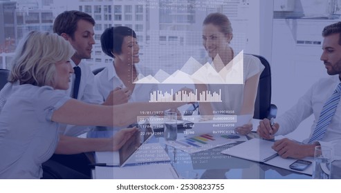Image of financial data processing over diverse group of business people. global business, finances, data processing and digital interface concept digitally generated image.