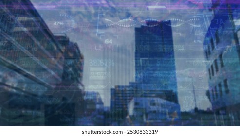 Image of financial data processing over cityscape. Global finances, computing and digital interface concept digitally generated image.