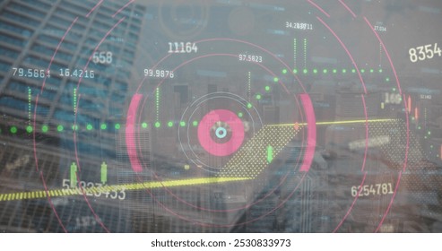 Image of financial data processing over cityscape. Global finances, computing and digital interface concept digitally generated image.