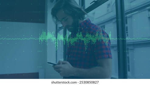 Image of financial data processing over caucasian businessman using smartphone. Global finance, business, connections, computing and data processing concept digitally generated image.