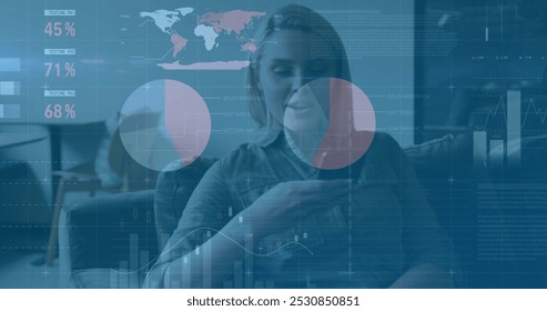 Image of financial data processing over caucasian businesswoman using smartphone. Global finance, business, connections, computing and data processing concept digitally generated image.