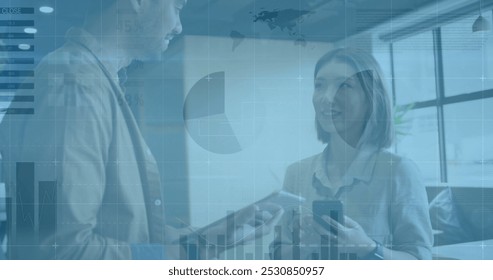 Image of financial data processing over diverse business people in office. Global finance, business, connections, computing and data processing concept digitally generated image.