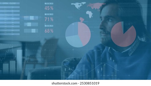 Image of financial data processing over caucasian businessman in office. Global finance, business, connections, computing and data processing concept digitally generated image.