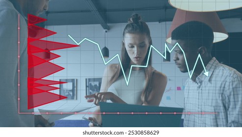 Image of financial data processing over diverse business people discussing work at office. Global business, finances and digital interface concept digitally generated image.