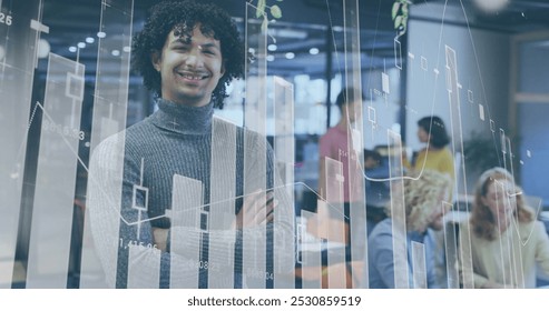 Image of financial data processing over diverse business people having meeting at office. Global business, finances and digital interface concept digitally generated image.