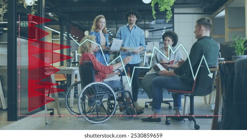 Image of financial data processing over diverse business people having meeting at office. Global business, finances and digital interface concept digitally generated image.