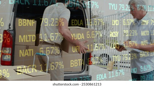 Image of financial data processing over delivery man with cardboard boxes. global shipping, data processing and connections concept digitally generated image. - Powered by Shutterstock