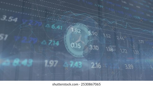 Image of financial data processing over moving clock and globe. Global finances, computing and digital interface concept digitally generated image.