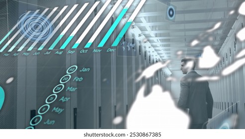 Image of financial data processing over businessman. Global business success connections and digital interface concept digitally generated image.