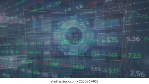 Image of financial data processing over shapes. Global finances, computing and digital interface concept digitally generated image.