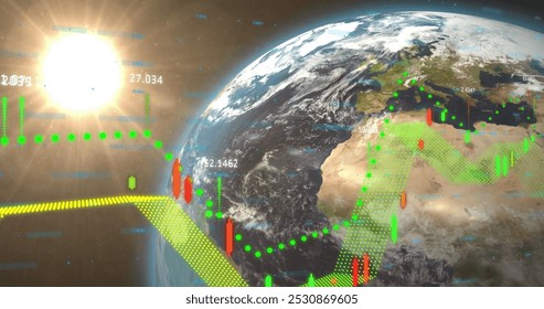 Image of financial data processing over globe. Global business, finances, computing and data processing concept digitally generated image.